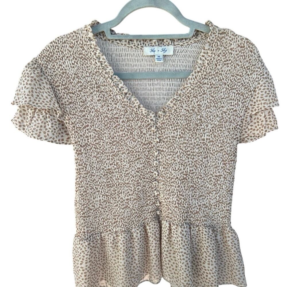 She + Sky Smocked Peplum Top Medium Beige Boho Ruffle Cottagecore - Picture 2 of 7
